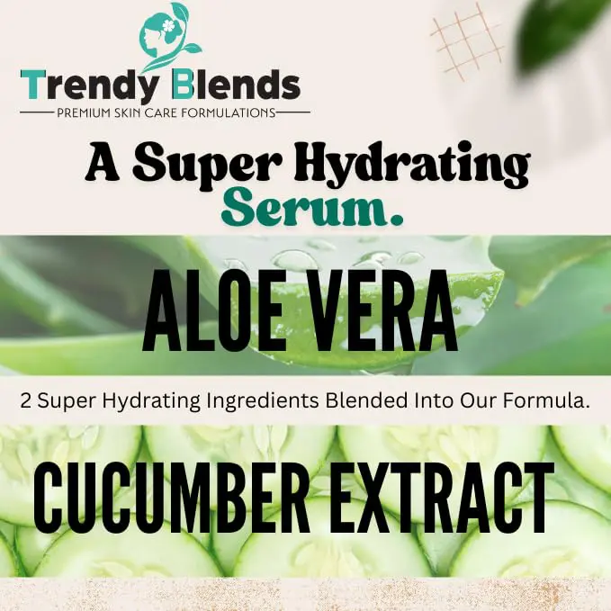 Super Hydrating Serum Outer packaging of Trendy Blends 18% Pure Vitamin C Serum box showing key benefits: evening skin tone, smoothing fine lines, and deep hydration.