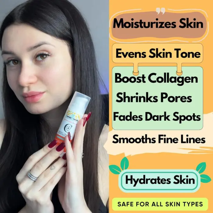 Trendy Blends - Boost Collagen Trendy Blends 18% Vitamin C Serum bottle with Niacinamide and Hyaluronic Acid for skin brightening and anti-aging.