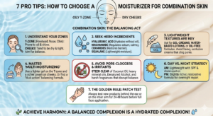 7 Pro Tips: How to Choose a Moisturizer for Combination Skin" featuring skincare icons and step-by-step advice for balancing oily and dry facial zones.