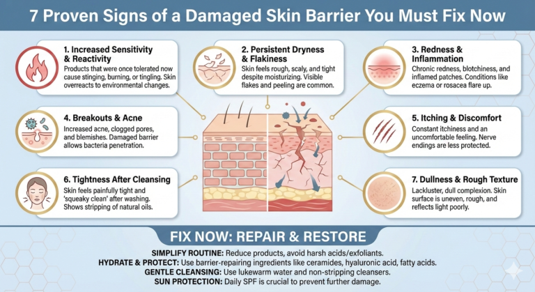 Infographic titled "7 Proven Signs of a Damaged Skin Barrier You Must Fix Now" on a light blue background with a subtle honeycomb pattern. In the center is a cross-section illustration of skin, split vertically. The left half shows healthy, intact skin with a strong "brick and mortar" structure of cells and lipids. The right half shows damaged skin with cracks, gaps, and bacteria and irritants penetrating, with moisture escaping. Seven distinct points, each with an icon and text description, surround the central skin illustration, connected by lines: Increased Sensitivity & Reactivity: Icon of a red flame. Text reads: "Products that were once tolerated now cause stinging, burning, or tingling. Skin overreacts to environmental changes." Persistent Dryness & Flakiness: Icon of cracked, flaky skin surface. Text reads: "Skin feels rough, scaly, and tight despite moisturizing. Visible flakes and peeling are common." Redness & Inflammation: Icon of a red, inflamed patch of skin with dots. Text reads: "Chronic redness, blotchiness, and inflamed patches. Conditions like eczema or rosacea flare up." Breakouts & Acne: Icon of acne with whiteheads and green bacteria. Text reads: "Increased acne, clogged pores, and blemishes. Damaged barrier allows bacteria penetration." Itching & Discomfort: Icon of three red scratch marks on skin. Text reads: "Constant itchiness and an uncomfortable feeling. Nerve endings are less protected." Tightness After Cleansing: Icon of a face with radiating lines indicating tightness. Text reads: "Skin feels painfully tight and 'squeaky clean' after washing. Shows stripping of natural oils." Dullness & Rough Texture: Icon of a circle showing a rough, uneven skin texture. Text reads: "Lackluster, dull complexion. Skin surface is uneven, rough, and reflects light poorly." At the bottom of the infographic, a dark blue banner is titled "FIX NOW: REPAIR & RESTORE". Below this title are four bullet points giving advice: SIMPLIFY ROUTINE: Reduce products, avoid harsh acids/exfoliants. HYDRATE & PROTECT: Use barrier-repairing ingredients like ceramides, hyaluronic acid, fatty acids. GENTLE CLEANSING: Use lukewarm water and non-stripping cleansers. SUN PROTECTION: Daily SPF is crucial to prevent further damage.