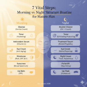 An infographic titled "7 Vital Steps: Morning vs Night Skincare Routine for Mature Skin." The image is split vertically, with a warm yellow "Morning" side featuring a sun icon and a cool blue "Night" side featuring a moon icon. A woman’s face is centered, split between the two color themes. Both sides list seven steps in rounded boxes with icons. The morning routine includes: Cleanse (Gentle Cream), Toner (Hydrating), Antioxidant Serum (Vitamin C), Eye Cream (Anti-Aging), Moisturizer (Rich, SPF 30+), Sunscreen (Broad Spectrum), and Lip Balm (SPF). The night routine includes: Double Cleanse (Oil + Cream), Toner (Exfoliating/Hydrating), Treatment Serum (Retinol/Peptides), Eye Cream (Retinol/Repairing), Night Cream (Thick, Restorative), Facial Oil (Nourishing), and Lip Mask (Hydration). At the bottom, it reads "Est. January 2026."