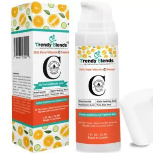 Trendy Blends 18% Vitamin C Serum for face, featured as an Amazon's Choice top-rated skincare product for brightening and dark spot correction.