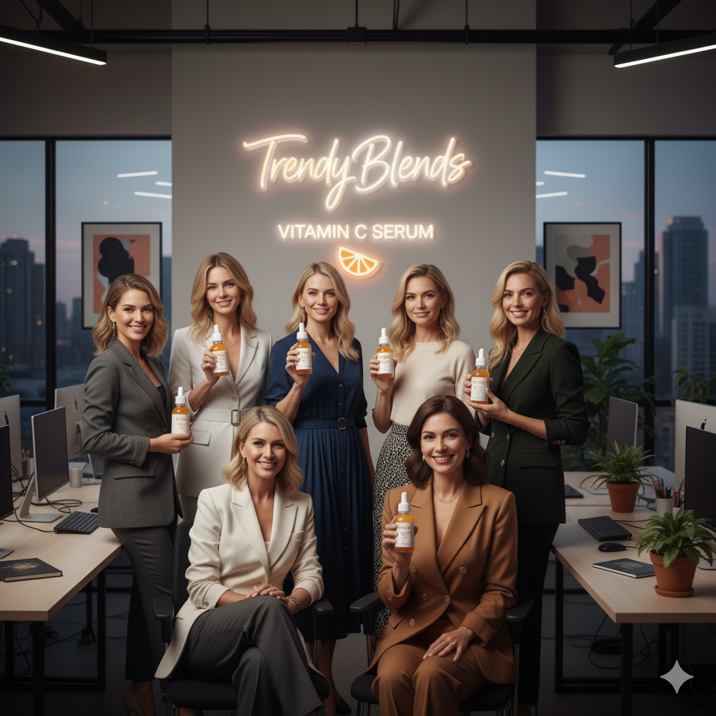 Trendy Blends 18% Pure Vitamin C Serum bottle displayed with fresh orange slices and botanical ingredients for a natural skin brightening aesthetic.