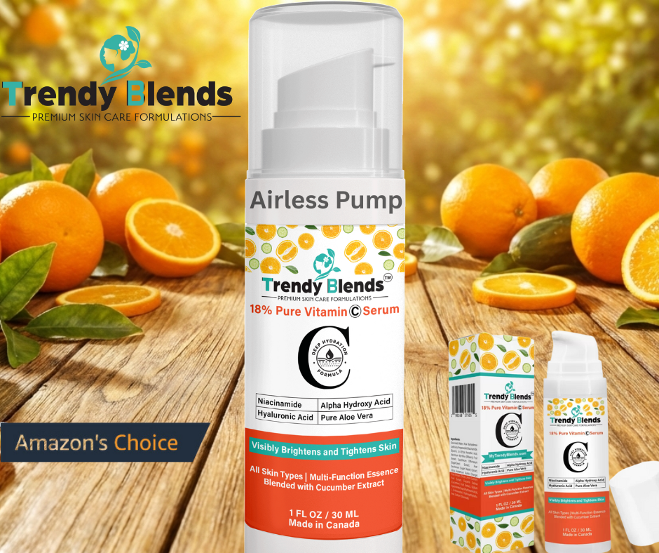 Trendy Blends 18% Vitamin C Serum, an Amazon's Choice top-rated brightening face serum for dark spots and anti-aging.