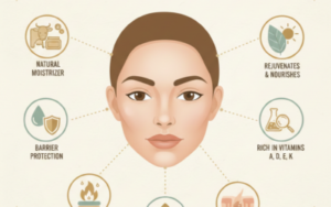 Since this image likely serves as a featured thumbnail for a post about traditional skincare, the metadata should lean into the "natural" and "nutrient-rich" benefits of the ingredient. Alt Text "A product display featuring a jar of natural beef tallow balm alongside a slice of honeycomb and a wooden dipper. Overlay text reads: 'Beef Tallow for Face: The Ultimate Natural Moisturizer'