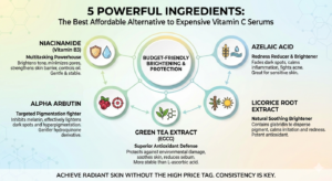 An infographic titled "5 Powerful Ingredients: The Best Affordable Alternative to Expensive Vitamin C Serums." It features five skincare ingredients—Niacinamide, Azelaic Acid, Licorice Root Extract, Green Tea Extract, and Alpha Arbutin—arranged around a central "Budget-Friendly Brightening & Protection" hub, detailing their benefits for skin health and radiance.
