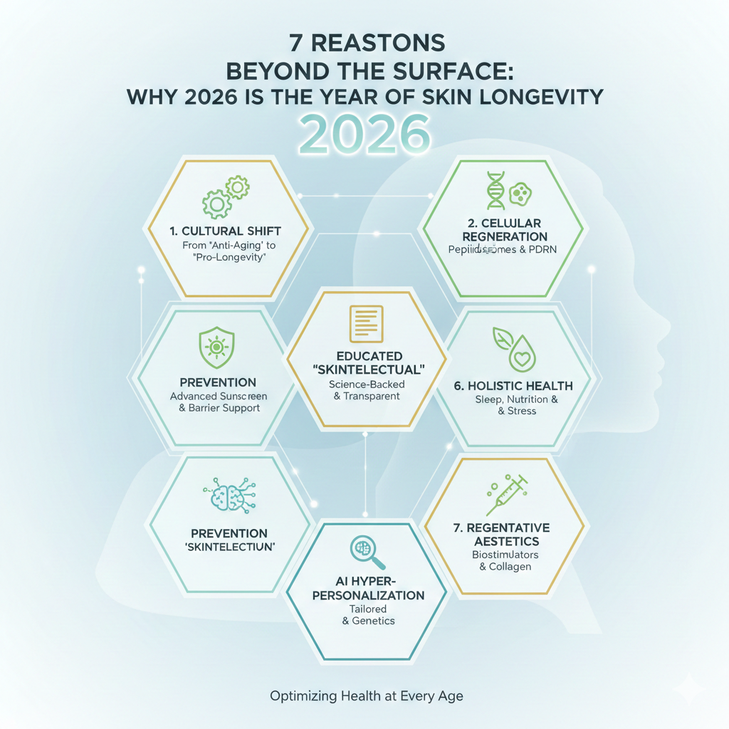 A clean, modern infographic titled "7 Reasons Beyond the Surface: Why 2026 is the Year of Skin Longevity." The graphic uses a teal and gold hexagonal layout to highlight trends such as cellular regeneration, AI personalization, and holistic health, set against a faint silhouette of a human profile.