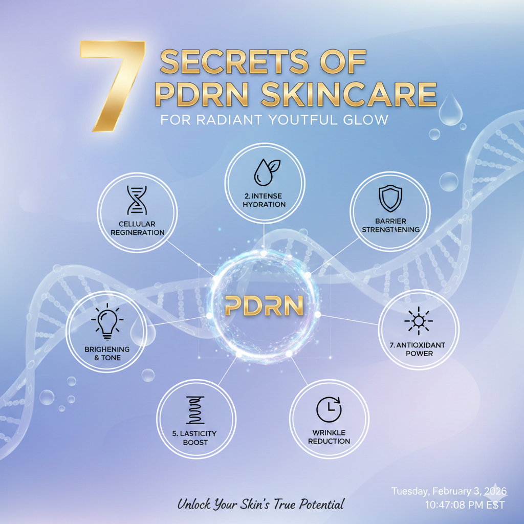 Infographic titled "7 Secrets of PDRN Skincare for Radical Youthful Glow" featuring skincare tips and a professional, modern aesthetic.