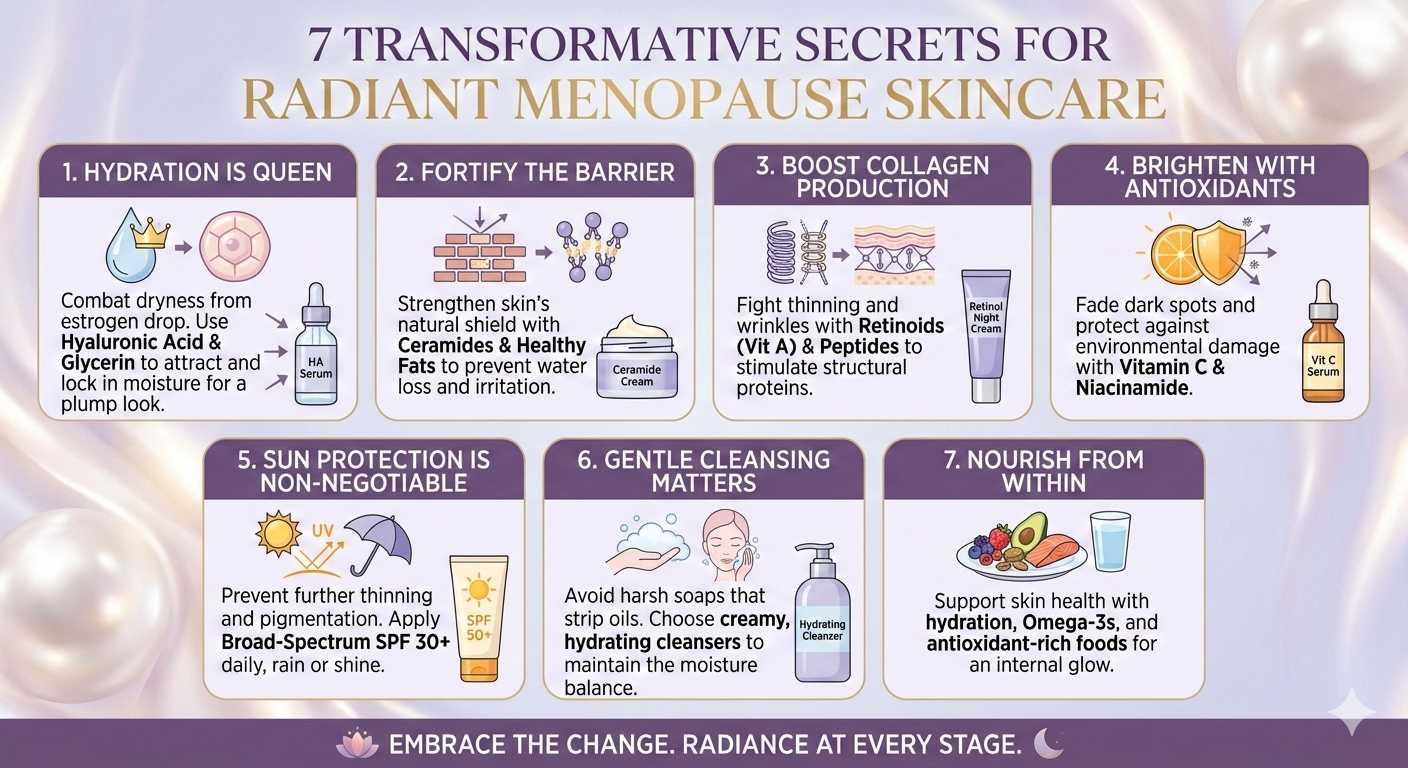Infographic titled "7 Transformative Secrets for Radiant Menopause Skincare" featuring a list of skincare tips for maturing skin.