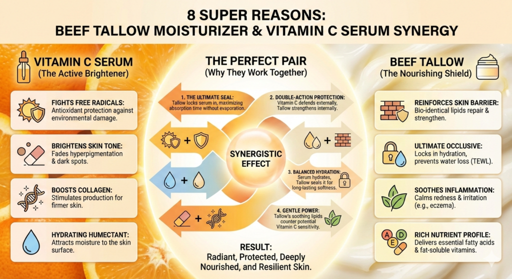 Infographic titled "8 Super Reasons: Beef Tallow Moisturizer & Vitamin C Serum Synergy," illustrating four benefits of Vitamin C serum on the left, four benefits of beef tallow on the right, and a central section explaining four synergistic effects when used together to create radiant, protected skin.