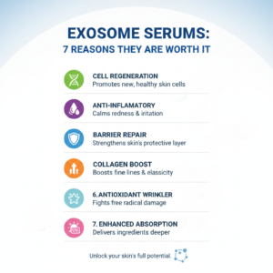 An infographic titled "EXOSOME SERUMS: 7 REASONS THEY ARE WORTH IT" featuring a vertical list of skincare benefits. Each benefit is paired with a colorful circular icon and a brief description, highlighting cell regeneration, anti-inflammatory properties, barrier repair, collagen boosting, antioxidant protection, and enhanced absorption.