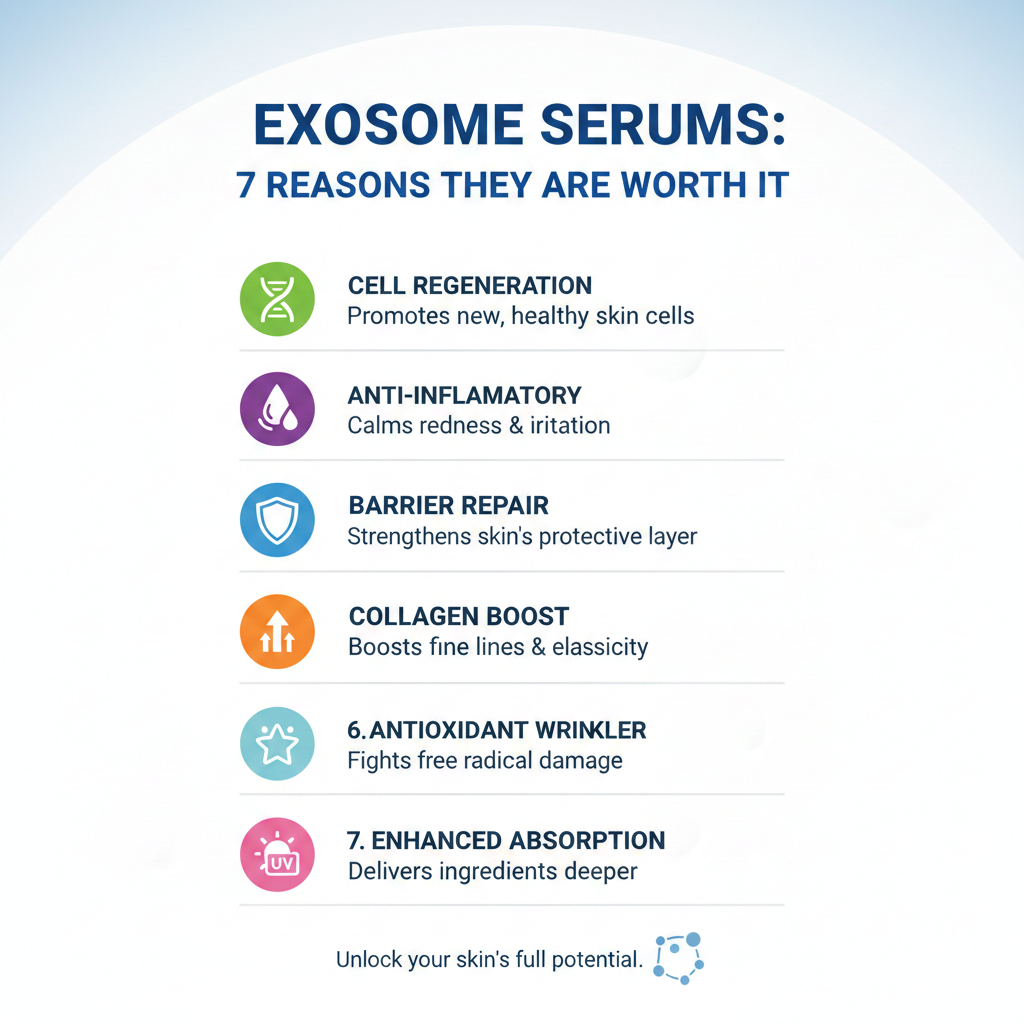 An infographic titled "EXOSOME SERUMS: 7 REASONS THEY ARE WORTH IT" featuring a vertical list of skincare benefits. Each benefit is paired with a colorful circular icon and a brief description, highlighting cell regeneration, anti-inflammatory properties, barrier repair, collagen boosting, antioxidant protection, and enhanced absorption.