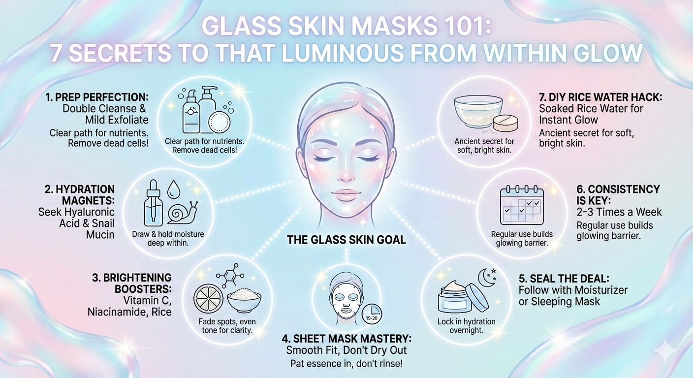 An aesthetic, pastel-colored infographic titled "Glass Skin Masks 101: 7 Secrets to That Luminous from Within Glow." The image features a central illustration of a woman with radiant, iridescent skin surrounded by seven numbered skincare tips, each accompanied by a clean line-art icon.