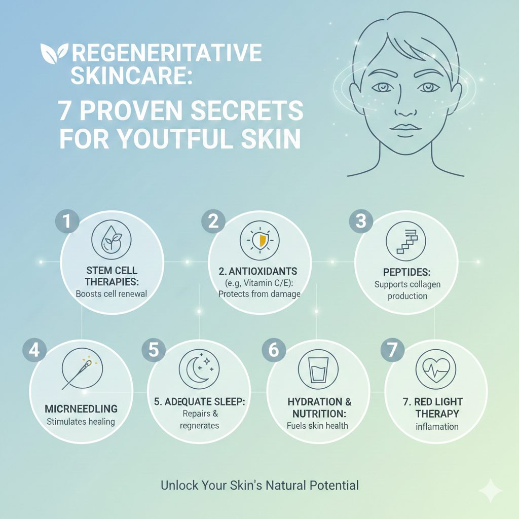 An educational infographic titled "Regenerative Skincare: 7 Proven Secrets for Youthful Skin." It features a soft blue and green gradient background with a minimalist line drawing of a woman’s face. Seven numbered circular icons represent key treatments and lifestyle habits, including Stem Cell Therapies, Antioxidants, Peptides, Microneedling, Sleep, Hydration/Nutrition, and Red Light Therapy.