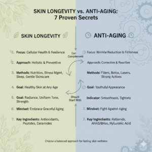An infographic titled "Skin Longevity vs. Anti-Aging: 7 Proven Secrets" comparing two approaches to skincare. The left side (Skin Longevity) focuses on cellular health, prevention, and holistic methods like nutrition. The right side (Anti-Aging) focuses on corrective treatments like fillers and lasers to maintain a youthful appearance.