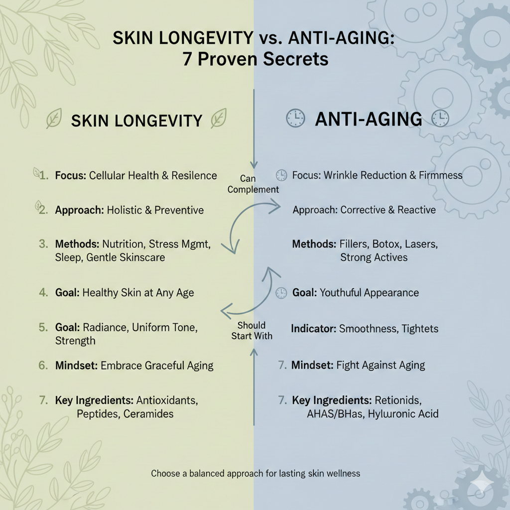 An infographic titled "Skin Longevity vs. Anti-Aging: 7 Proven Secrets" comparing two approaches to skincare. The left side (Skin Longevity) focuses on cellular health, prevention, and holistic methods like nutrition. The right side (Anti-Aging) focuses on corrective treatments like fillers and lasers to maintain a youthful appearance.
