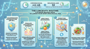 An educational infographic titled "The Longevity Routine," outlining five steps to reduce skin's biological age: daily SPF 30+, retinoids for collagen, topical antioxidants, strengthening the skin barrier with ceramides, and a nutrient-rich diet. The top displays a comparison between a chronological age of 45 and a biological age of 32.