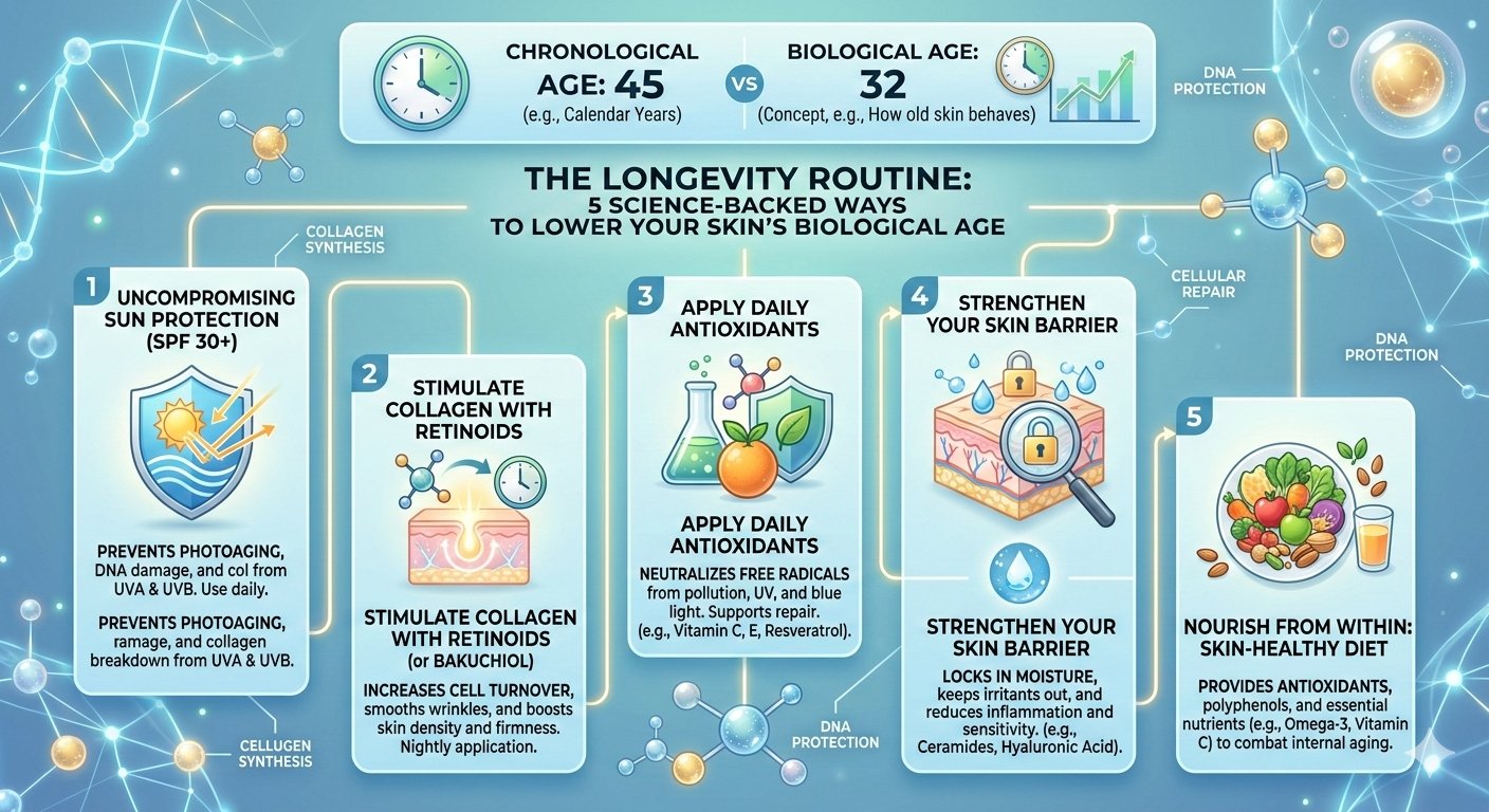 An educational infographic titled "The Longevity Routine," outlining five steps to reduce skin's biological age: daily SPF 30+, retinoids for collagen, topical antioxidants, strengthening the skin barrier with ceramides, and a nutrient-rich diet. The top displays a comparison between a chronological age of 45 and a biological age of 32.