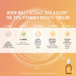 A professional skincare infographic titled "When Will I Actually See a Glow? The 2026 Vitamin C Results Timeline." The graphic features a warm orange-to-cream gradient background with a serum bottle in the corner and a central horizontal timeline spanning from 1 week to over 1 year. Five distinct milestones are highlighted with icons and text descriptions.