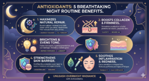 An elegant, dark-themed infographic titled "Antioxidants: 5 Breathtaking Night Routine Benefits." It features a moon and stars aesthetic, outlining five key benefits: maximizing natural repair, boosting collagen, brightening skin tone, strengthening the skin barrier, and soothing inflammation.