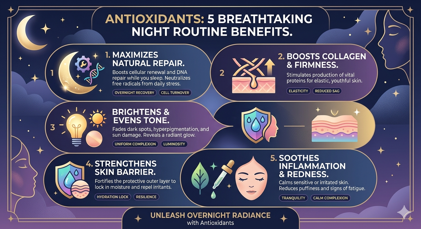 An elegant, dark-themed infographic titled "Antioxidants: 5 Breathtaking Night Routine Benefits." It features a moon and stars aesthetic, outlining five key benefits: maximizing natural repair, boosting collagen, brightening skin tone, strengthening the skin barrier, and soothing inflammation.