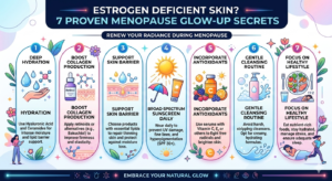 An educational infographic titled "Estrogen Deficient Skin? 7 Proven Menopause Glow-Up Secrets." The graphic features seven numbered panels in pastel colors, each providing a tip for menopausal skincare: Deep Hydration, Boost Collagen, Support Skin Barrier, Sunscreen Daily, Incorporate Antioxidants, Gentle Cleansing, and Healthy Lifestyle.