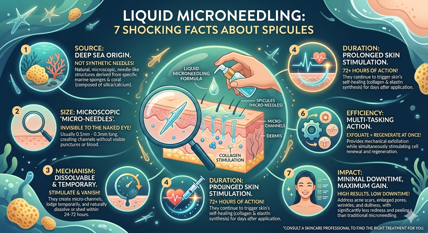 An informative infographic titled "Liquid Microneedling: 7 Shocking Facts About Spicules" set against a deep-sea-themed background. It illustrates the science behind marine-derived spicules using a central diagram of skin layers and seven key points about their source, mechanism, and benefits.
