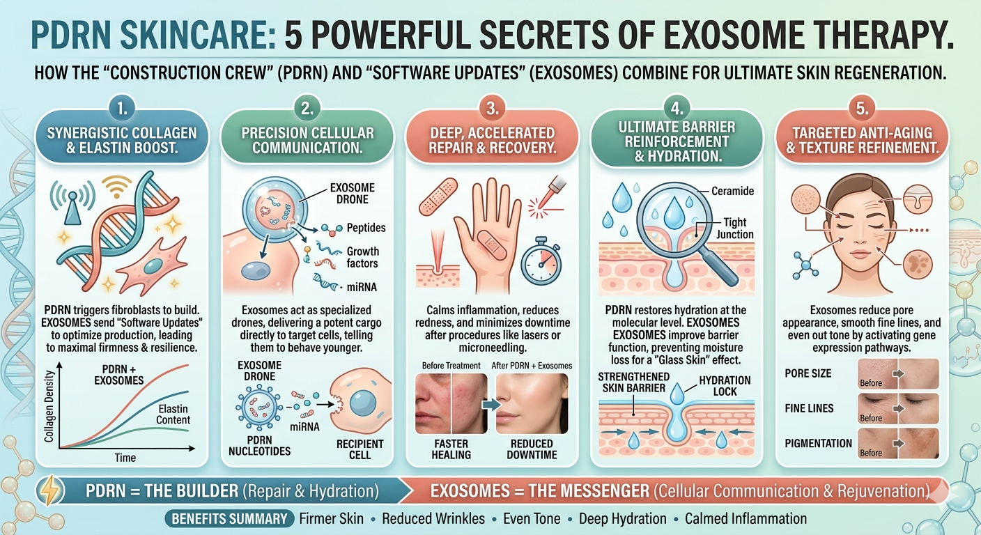 This infographic illustrates the synergy between PDRN and Exosome Therapy, framing them as the ultimate "power couple" for regenerative skincare in 2026.