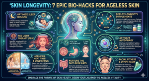 A high-tech, futuristic infographic titled "Skin Longevity: 7 Epic Bio-Hacks for Ageless Skin." It features seven numbered sections with scientific illustrations and neon accents, covering topics like sleep, red light therapy, hormesis, gut health, longevity supplements, autophagy, and facial fitness.