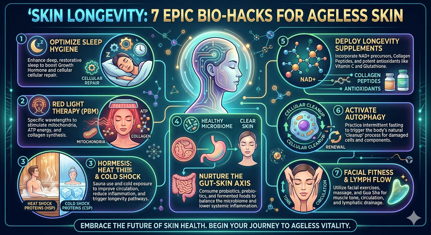 A high-tech, futuristic infographic titled "Skin Longevity: 7 Epic Bio-Hacks for Ageless Skin." It features seven numbered sections with scientific illustrations and neon accents, covering topics like sleep, red light therapy, hormesis, gut health, longevity supplements, autophagy, and facial fitness.