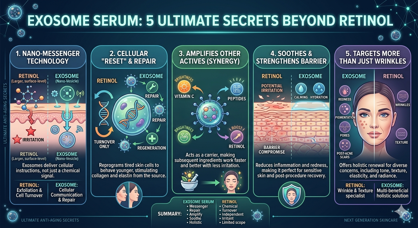 A detailed infographic titled "Exosome Serum: 5 Ultimate Secrets Beyond Retinol" comparing retinol and exosome technology. The graphic is divided into five vertical panels: 1. Nano-Messenger Technology, 2. Cellular "Reset" & Repair, 3. Amplifies Other Actives (Synergy), 4. Soothes & Strengthens Barrier, and 5. Targets More Than Just Wrinkles. Each panel uses diagrams and icons to show how exosomes offer deeper delivery, faster repair, and less irritation compared to retinol. A summary table at the bottom highlights exosomes as "messengers" and retinol as "chemical irritants."