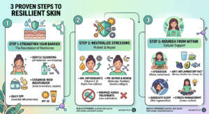 An infographic titled "3 Proven Steps to Resilient Skin" outlining a three-part skincare routine: Step 1 focuses on strengthening the skin barrier with gentle cleansing, ceramide moisturizers, and daily SPF; Step 2 focuses on neutralizing stressors with morning antioxidants, evening repair treatments, and avoiding over-exfoliation; Step 3 focuses on internal nourishment through hydration, an anti-inflammatory diet, adequate sleep, and stress management.