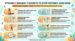 This infographic is a visual guide designed to help skincare enthusiasts maintain the effectiveness of their Vitamin C products. Below are the accessibility alt text and a detailed breakdown of the content. Alt Text An informative skincare infographic titled "Vitamin C Serums: 7 Secrets to Stop Potency Loss Now." The graphic features seven numbered points with colorful illustrations in orange and teal, explaining how to prevent oxidation and maintain serum effectiveness through proper storage, packaging, and ingredient pairing.