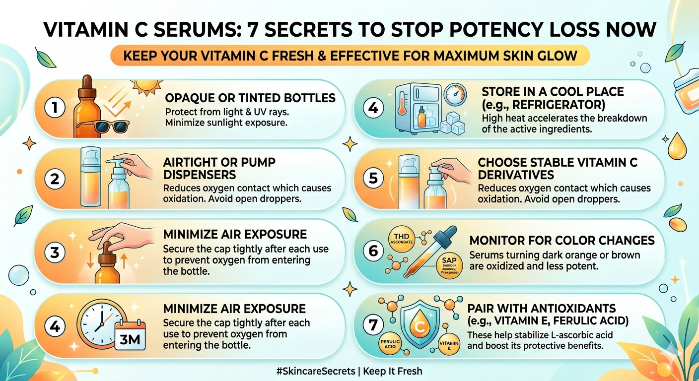 This infographic is a visual guide designed to help skincare enthusiasts maintain the effectiveness of their Vitamin C products. Below are the accessibility alt text and a detailed breakdown of the content. Alt Text An informative skincare infographic titled "Vitamin C Serums: 7 Secrets to Stop Potency Loss Now." The graphic features seven numbered points with colorful illustrations in orange and teal, explaining how to prevent oxidation and maintain serum effectiveness through proper storage, packaging, and ingredient pairing.