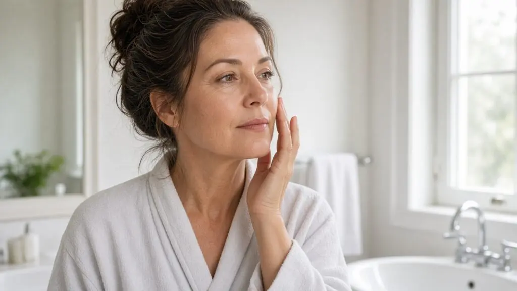 Why Most Vitamin C Serums Fail (and Why 3-O Ethyl Ascorbic Acid Is the Solution) Woman in her late 40s with her hair in a loose bun pressing her fingertips to her cheek at a bright bathroom sink, part of a gentle 3-O Ethyl Ascorbic Acid morning routine