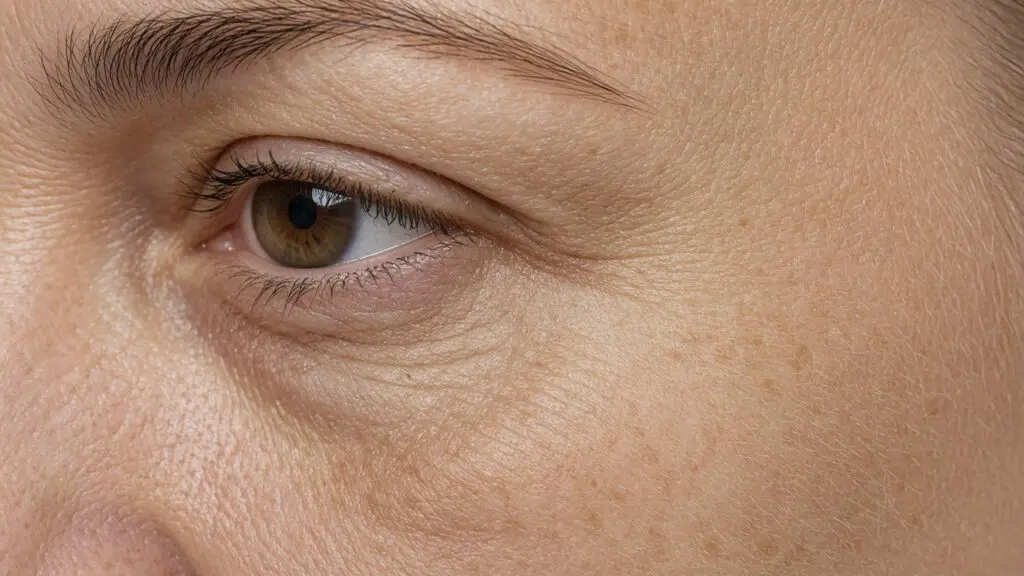 Why Most Vitamin C Serums Fail (and Why 3-O Ethyl Ascorbic Acid Is the Solution) Close-up of mature skin around the eye and cheek with fine lines and faint sun spots, the kind of uneven tone 3-O Ethyl Ascorbic Acid helps brighten