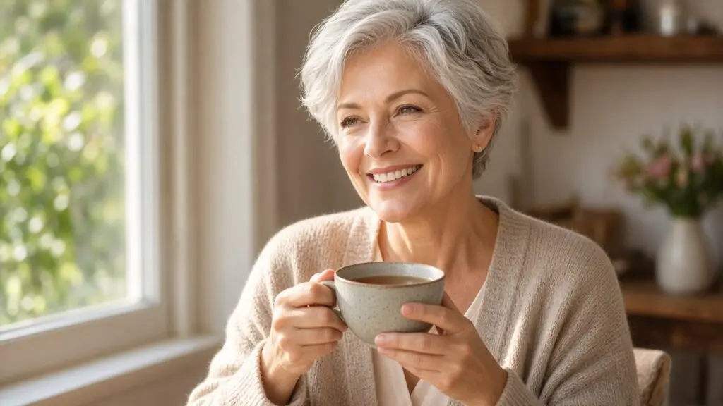 Why Most Vitamin C Serums Fail (and Why 3-O Ethyl Ascorbic Acid Is the Solution) Smiling woman in her 50s with short silver hair sitting by a sunny window with tea, her skin glowing after a 3-O Ethyl Ascorbic Acid routine