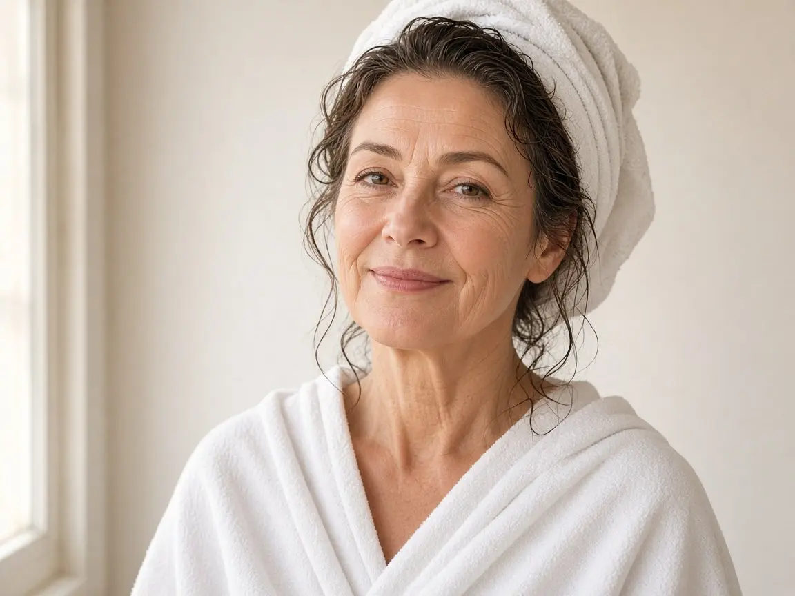 A smiling woman in her 50s in a white towel and robe with calm, bare skin, the comfortable look a fragrance free vitamin c serum supports
