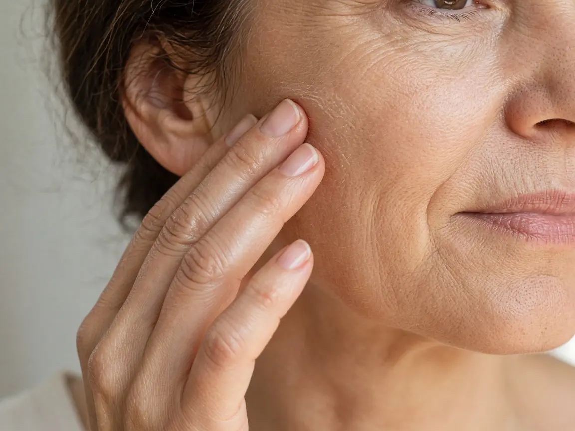Close-up of a mature woman's cheek and jawline as she pats a fragrance free vitamin c serum into her skin with her fingertips