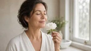 Woman in her late 40s smelling a white flower in a bright bathroom, choosing a fragrance free vitamin c serum for calm skin