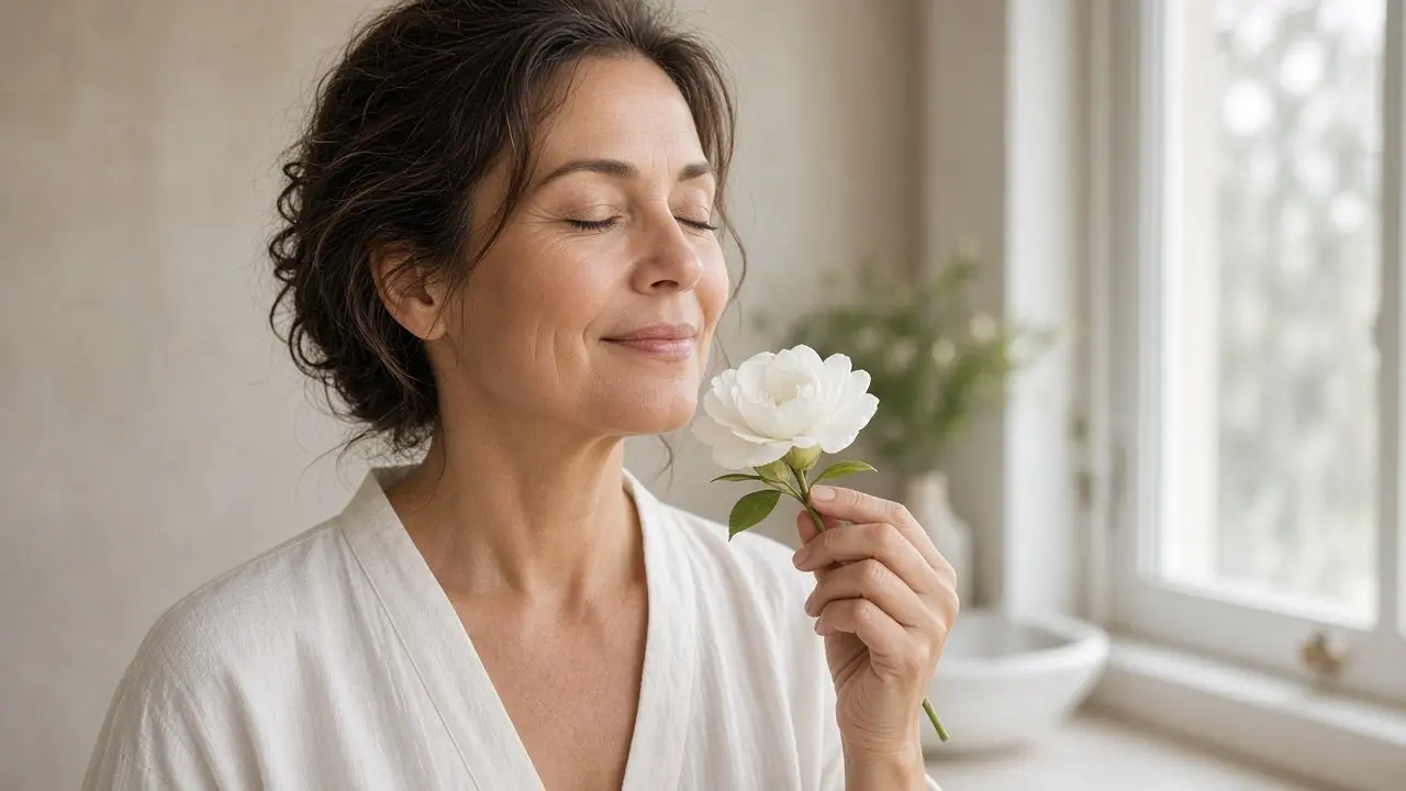 Woman in her late 40s smelling a white flower in a bright bathroom, choosing a fragrance free vitamin c serum for calm skin