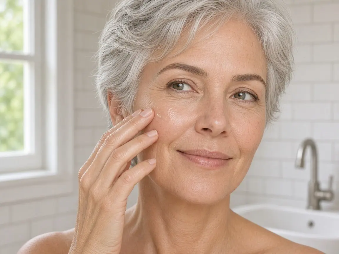 Woman in her 50s with short silver hair smoothing serum along her cheekbone in a bright morning bathroom, illustrating how often to use vitamin C serum daily