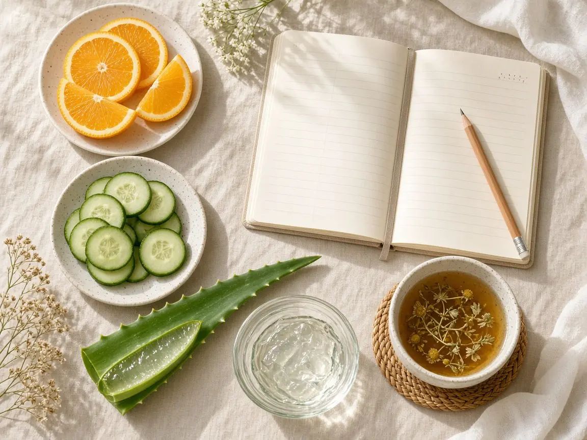 Flat lay of orange slices, cucumber rounds, aloe vera, clear gel, an open notebook and herbal tea for planning how often to use vitamin C serum