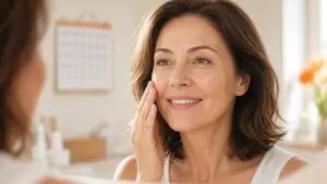 Smiling woman in her late 40s pressing serum onto her cheek at a sunny bathroom mirror as part of a daily routine, showing how often to use vitamin C serum