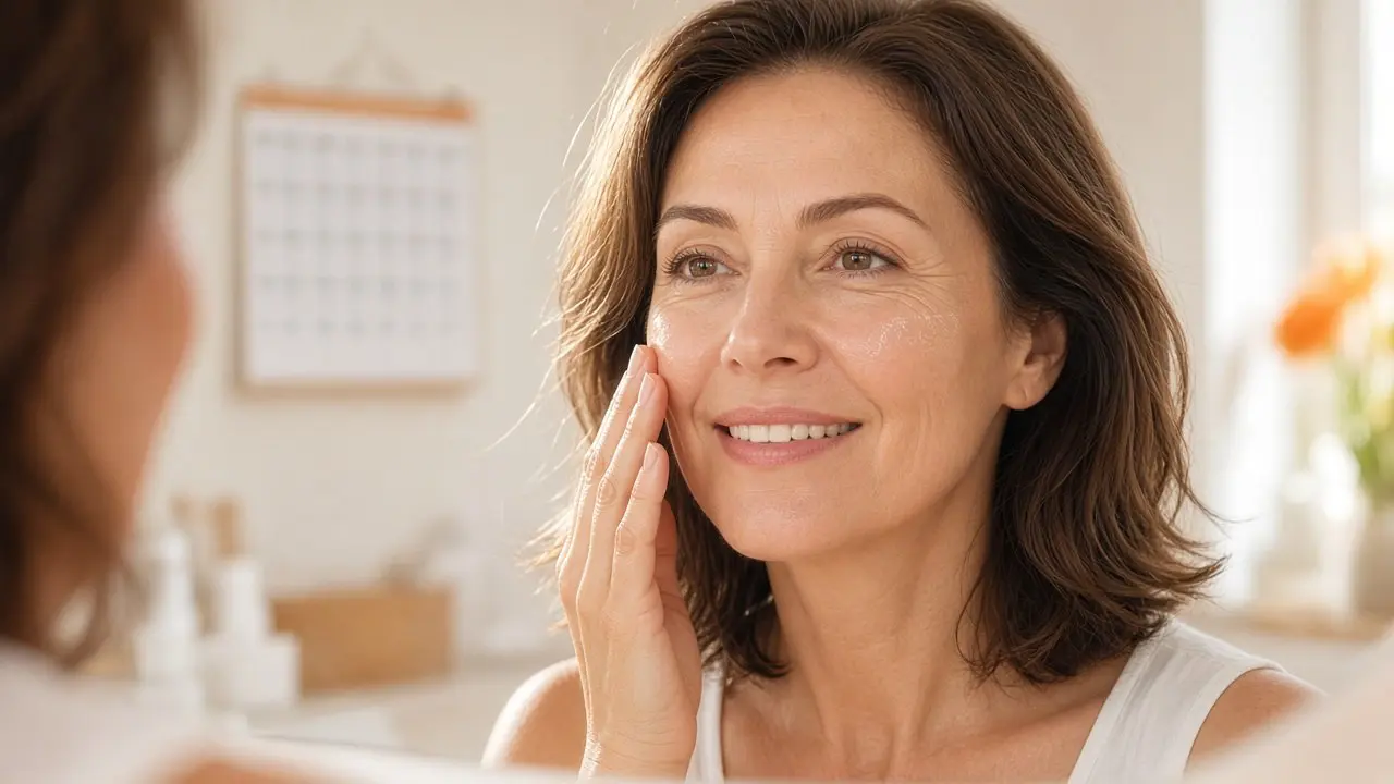 Smiling woman in her late 40s pressing serum onto her cheek at a sunny bathroom mirror as part of a daily routine, showing how often to use vitamin C serum