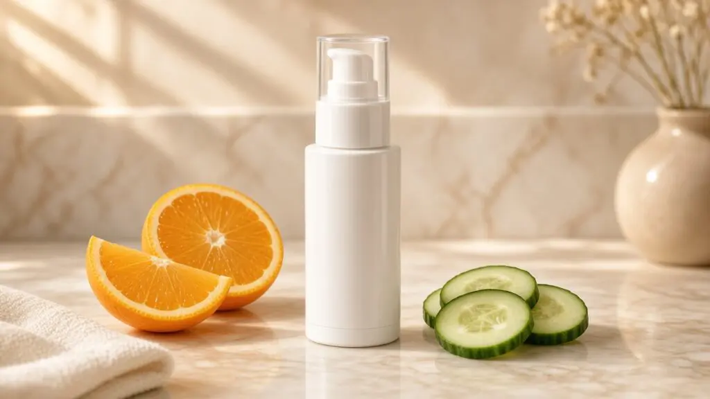 Niacinamide and vitamin C serum in a white airless pump bottle on a cream marble vanity with fresh orange slices and cucumber in soft morning light