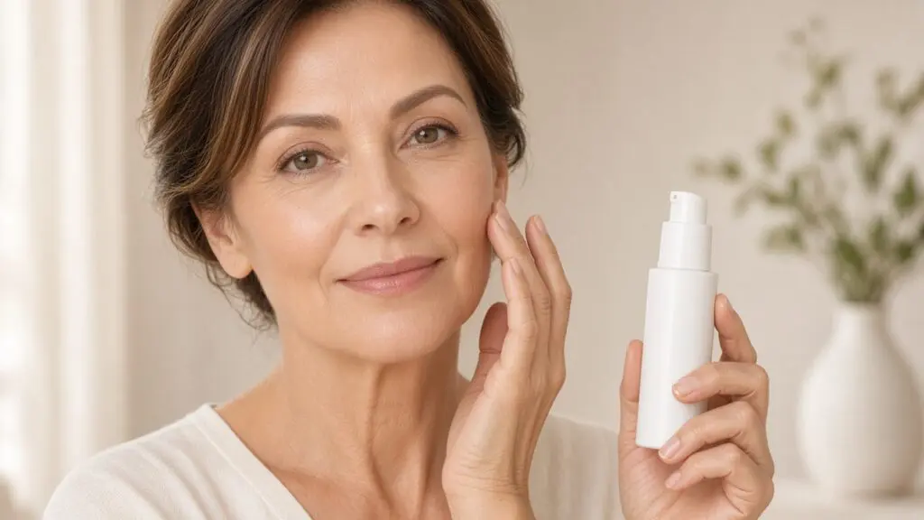 Woman in her 50s with a bright, even complexion pressing niacinamide and vitamin C serum from an airless pump bottle into her cheeks