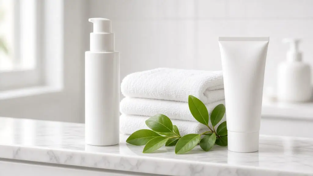 Niacinamide and vitamin C serum airless pump bottle beside a folded white towel, green leaves, and a sunscreen tube on a white marble bathroom counter
