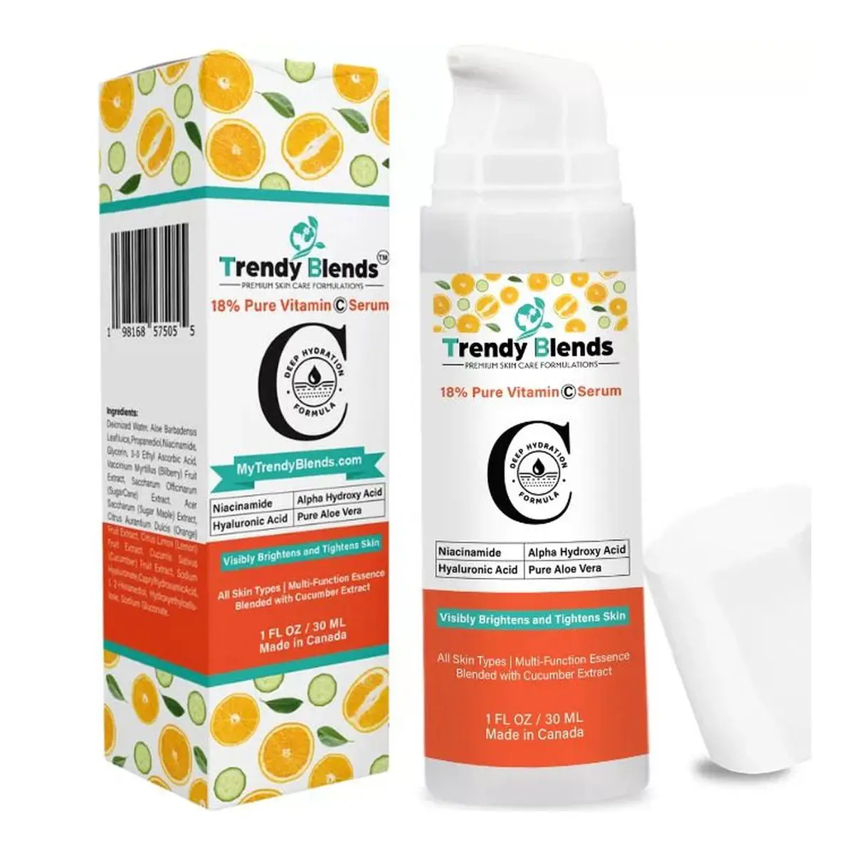 Home Trendy Blends 18% Vitamin C Serum in a 1 oz airless pump bottle beside its orange and cucumber print box
