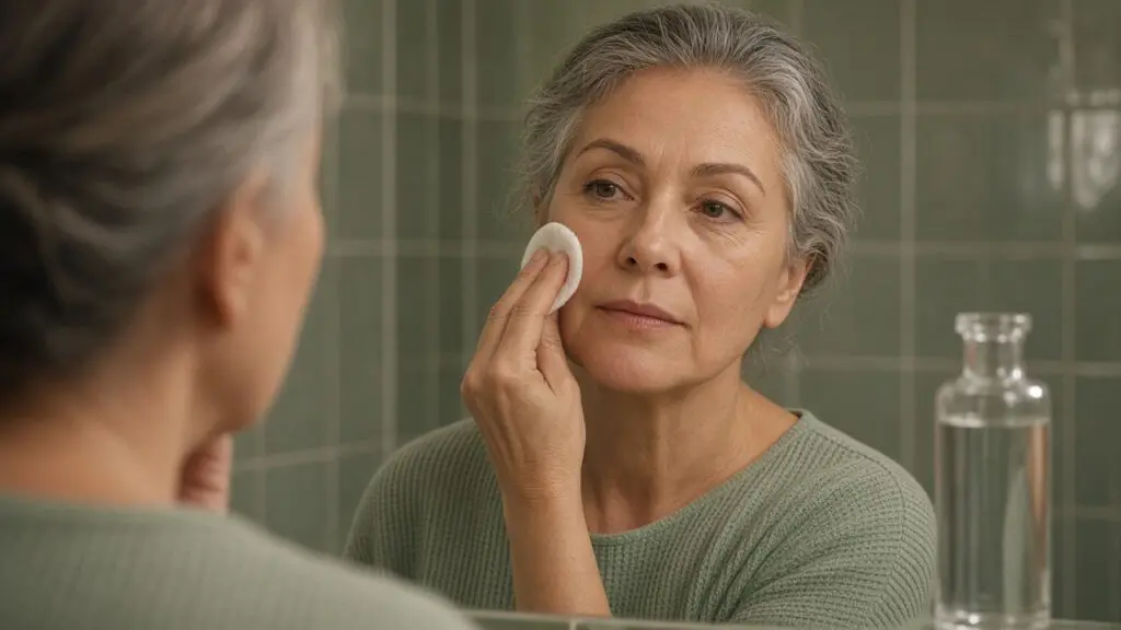 Vitamin C and Glycolic Acid: 7 Proven Rules for Safe Glow. Woman over 50 with gray hair pressing a cotton pad of exfoliating toner to her cheek at a bathroom mirror during a night routine with vitamin c and glycolic acid.